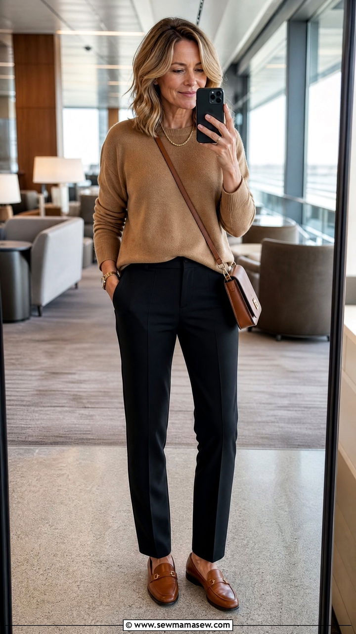 Knit Sweater With Stretch Trousers And Loafers - 35 Airport outfit ideas for women over 40
