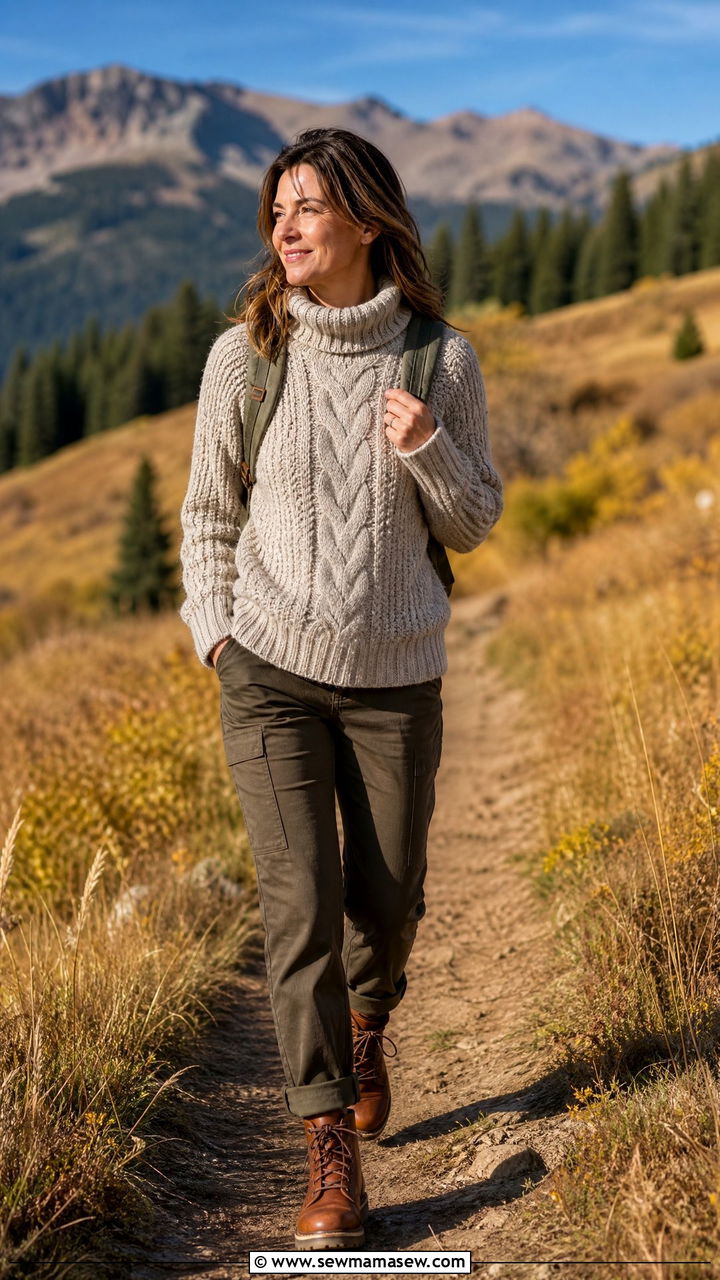 Knit Sweater With Waxed Canvas Hiking Pants - 30 Hiking outfit ideas for women over 40
