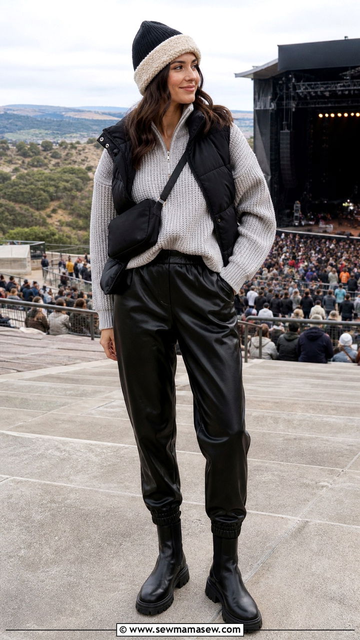 Knit Sweater and Faux Leather Joggers Outfit - 20 Amphitheater concert outfit ideas
