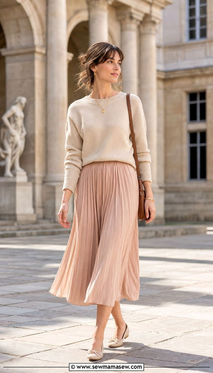 Knit Sweater and Pleated Midi Skirt French Girl Outfit - 25 cute French girl outfits