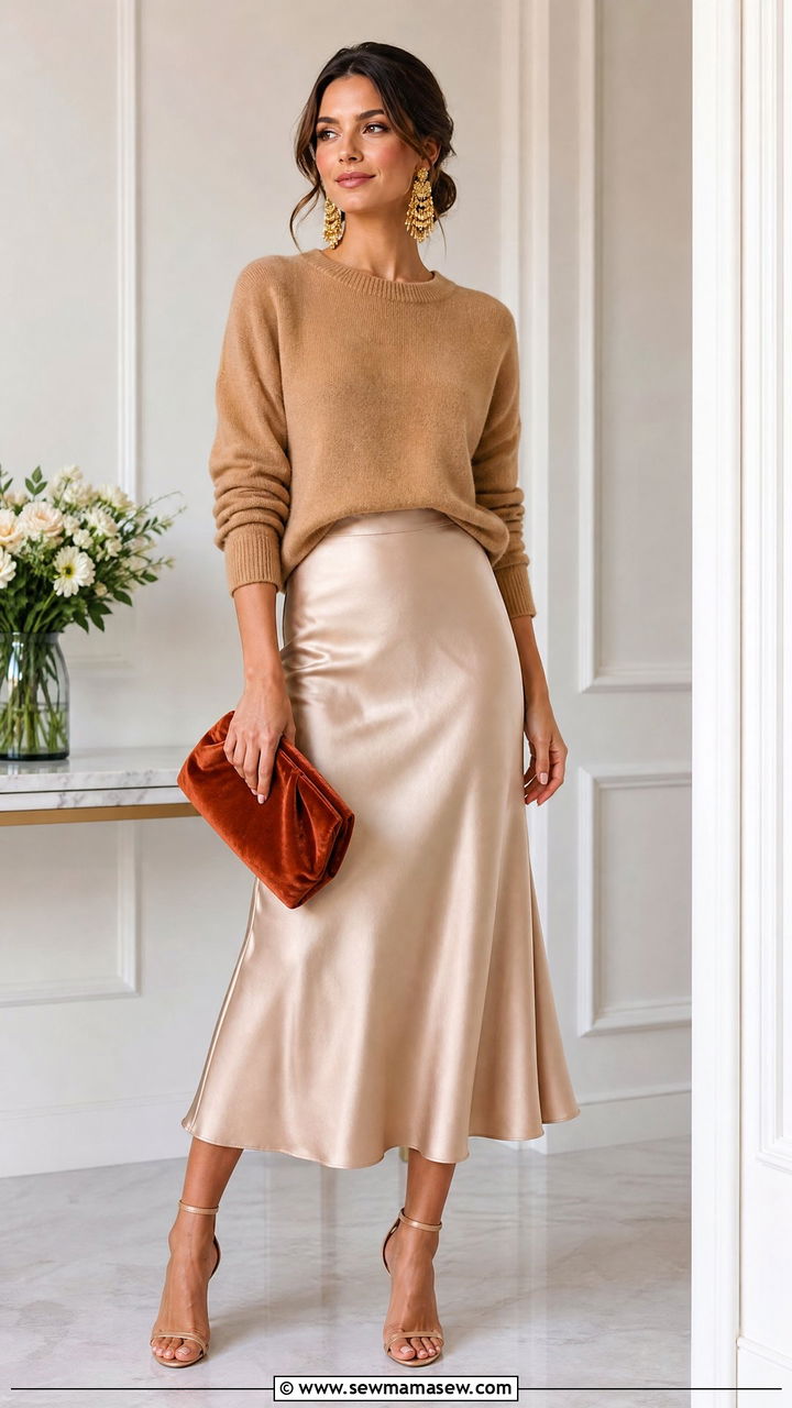 Knit Sweater and Satin Midi Skirt - 20 Spring outfits with statement earrings