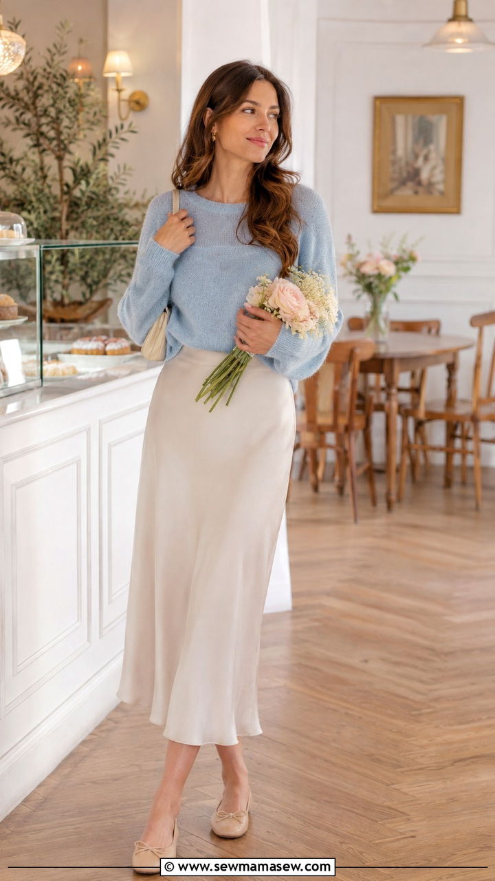 Knit Sweater and Satin Midi Skirt - 30 Romantic spring outfit ideas