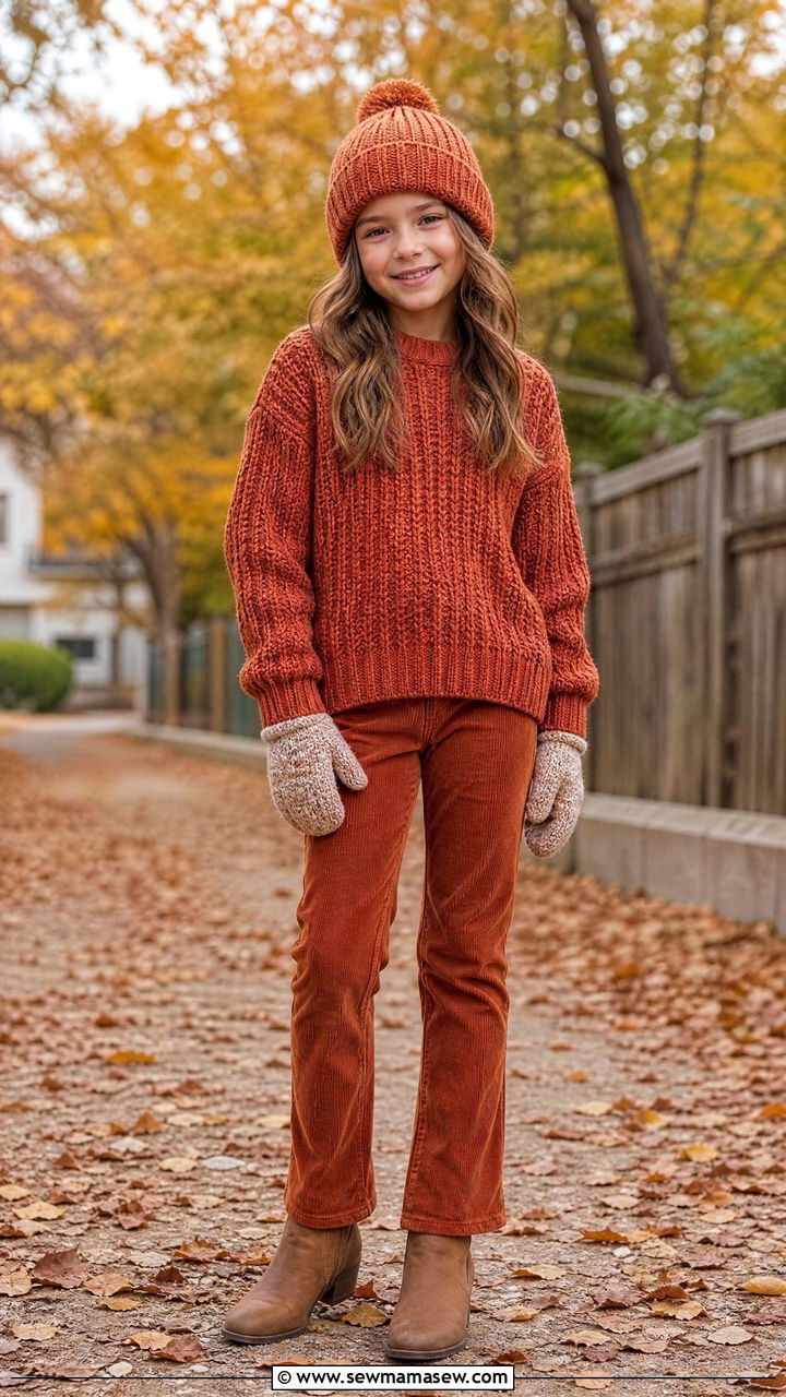 Knit Sweater with Corduroy Pants and Ankle Boots - 25 Tween outfit ideas for 10 year olds