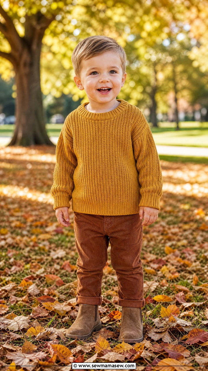 Knit Sweater with Corduroy Pants and Ankle Boots - 25 First day of preschool outfit ideas