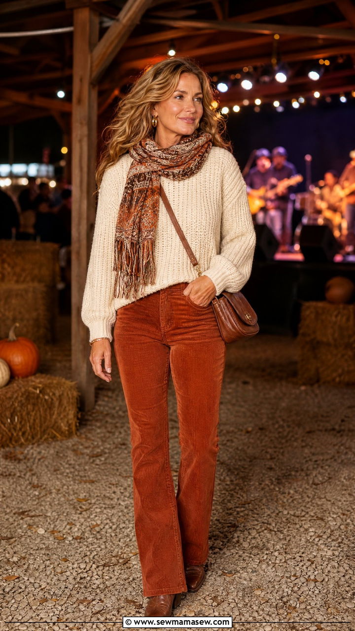 Knit Sweater with Corduroy Pants - 30 Country concert outfit ideas for women over 40