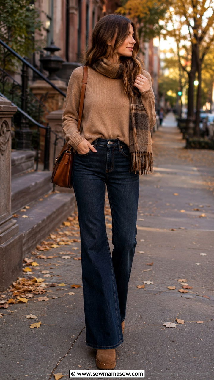Knit Sweater with Flared Jeans - 25 Outfit ideas for small bust and wide hips