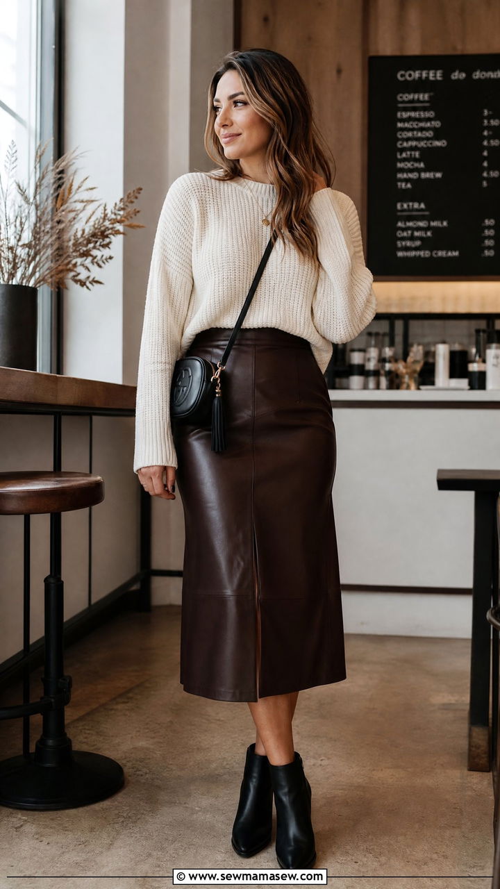 Knit Sweater with Leather Midi Skirt - 25 fashion inspo outfits for women