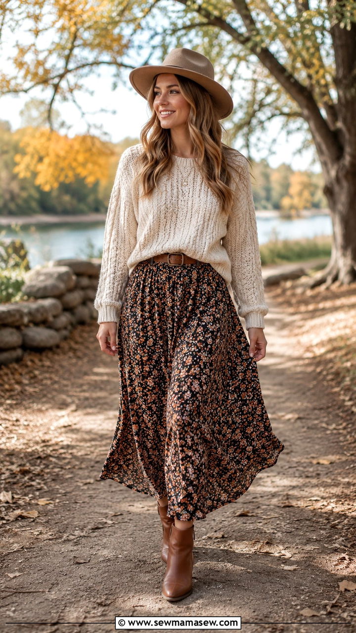 Knit Sweater with Maxi Skirt and Cowboy Hat - 30 casual western outfits