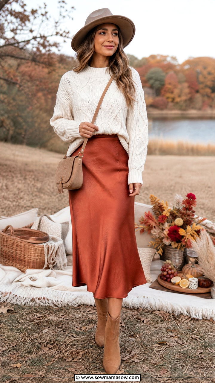 Knit Sweater with Midi Skirt and Ankle Boots - 30 Picnic outfit ideas