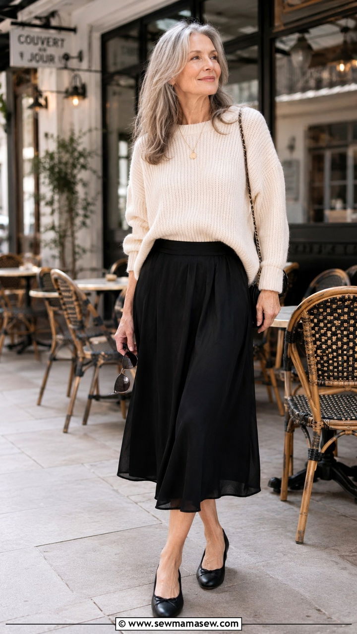 Knit Sweater with Midi Skirt and Ballet Flats - 25 Weekend outfit ideas for women over 50