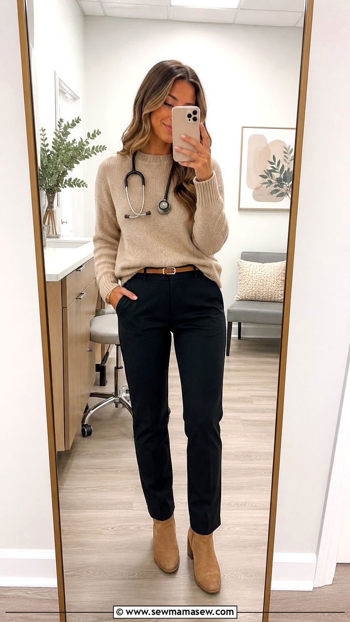 Knit Sweater with Stretch Trousers and Ankle Boots - 25 Nurse practitioner outfit ideas