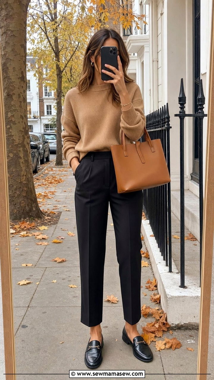 Knit Sweater with Tailored Trousers and Loafers - 25 cute windy day outfits