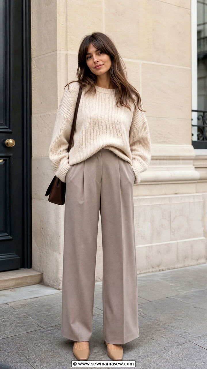 Knit Sweater with Wide Leg Pants and Square Toe Shoes - 35 french girl outfits for women