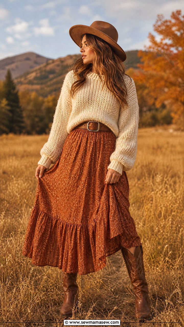 Knit Sweater with a Maxi Skirt - 25 Cowgirl aesthetic outfit ideas