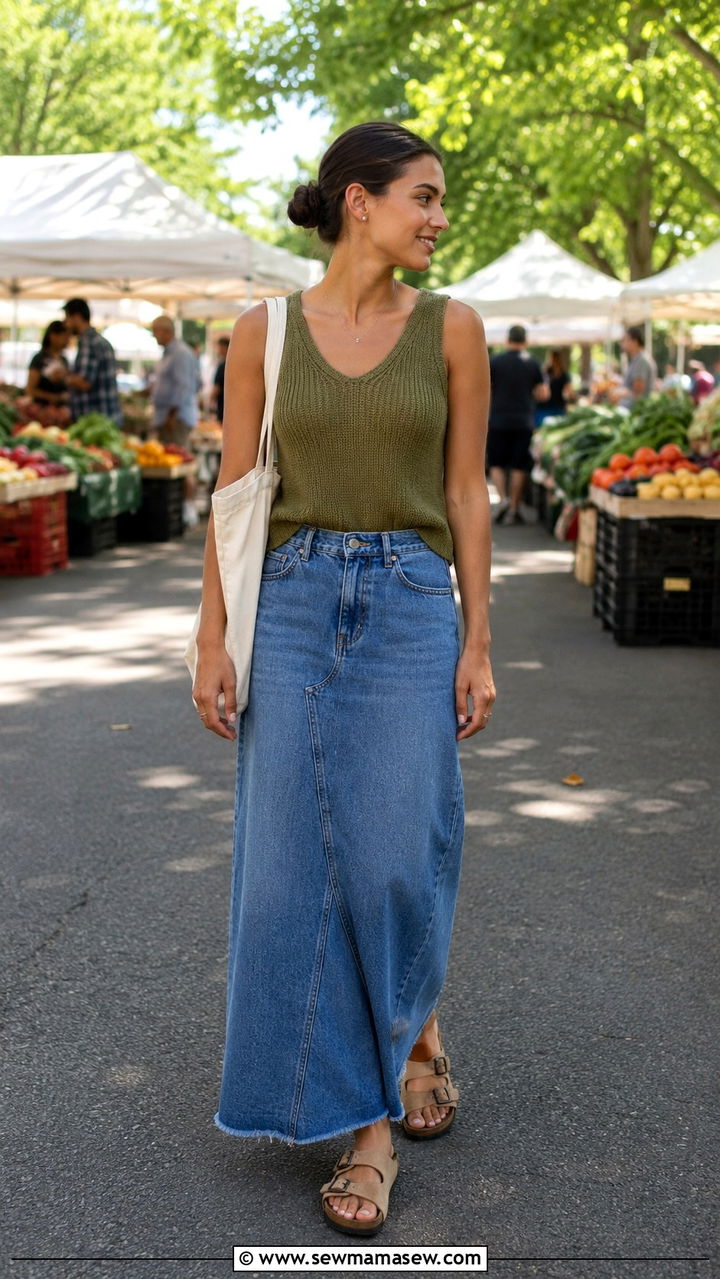 Knit Tank With Long Denim Skirt And Birkenstock Sandals - 30 Long denim skirt outfit ideas summer