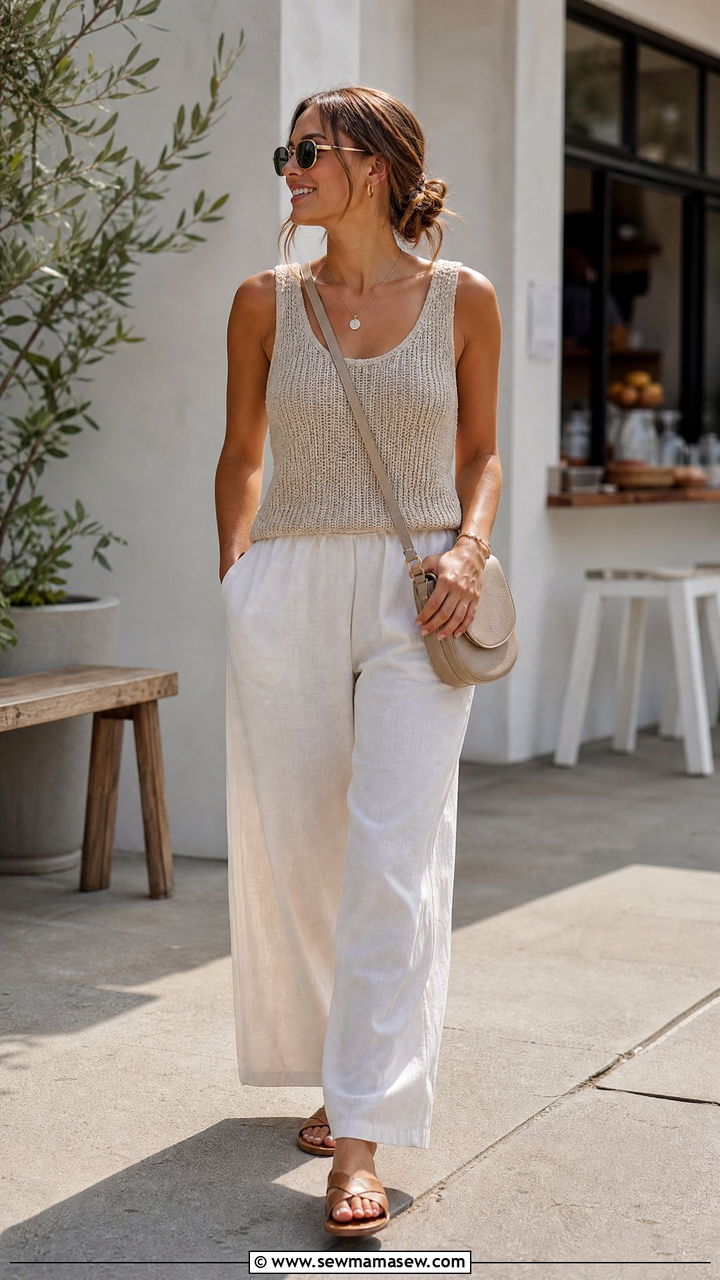 Knit Tank With Wide Leg Linen Pants And Crossbody Bag - 30 Sunday brunch outfit ideas for women