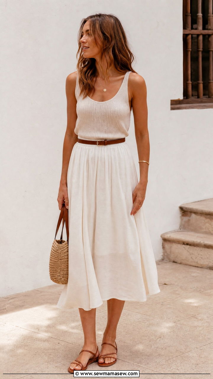 Knit Tank and Flowy Midi Skirt Outfit - 30 summer hot weather outfit ideas