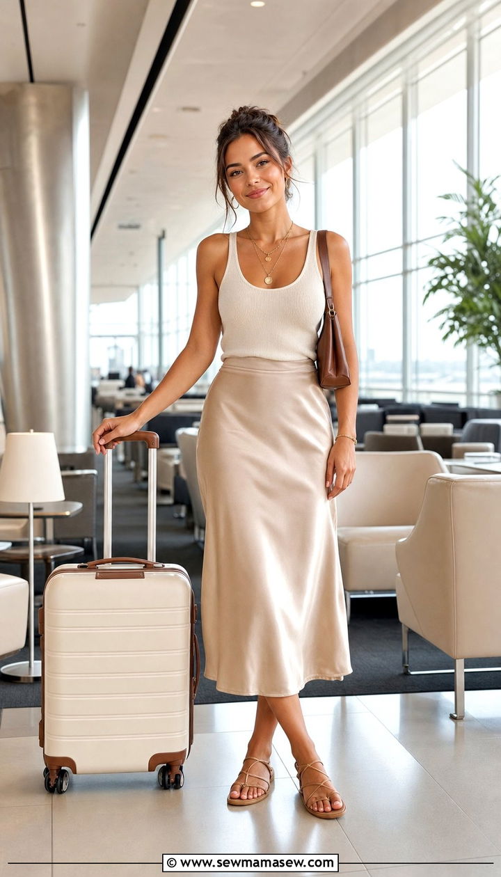 Knit Tank and Satin Midi Skirt Travel Outfit - 25 Clean girl travel outfit ideas