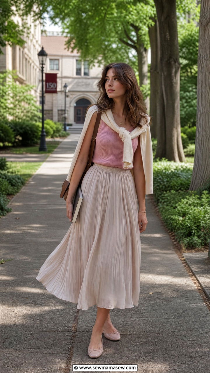Knit Tank with Pleated Midi Skirt and Ballet Flats - 30 First day of college outfit ideas 2026