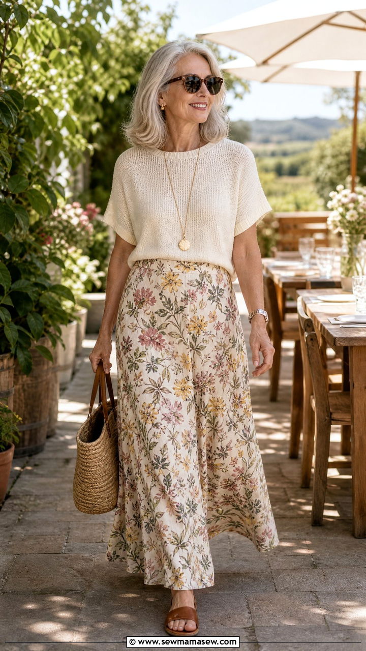 Knit Tee with Floral Maxi Skirt - 20 Brunch outfit ideas for women over 60