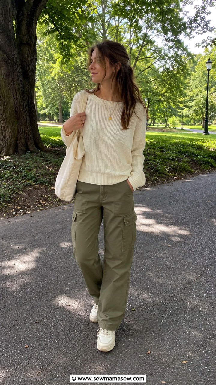 Knit Top With Olive Cargo Pants - 30 spring outfits for women over 30