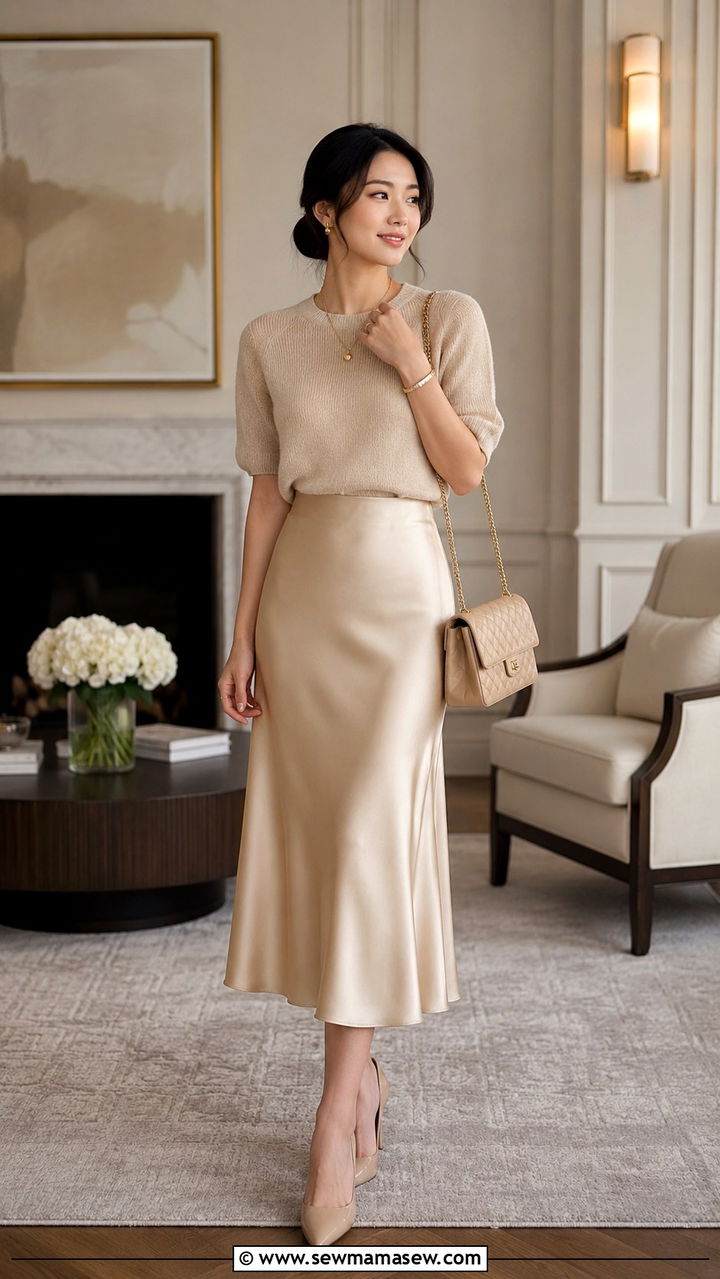 Knit Top and Satin Midi Skirt - 30 Old money outfits for petite women