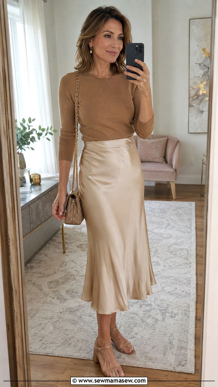 Knit Top and Satin Midi Skirt - 25 Outfit ideas for women over 40 elevated casual