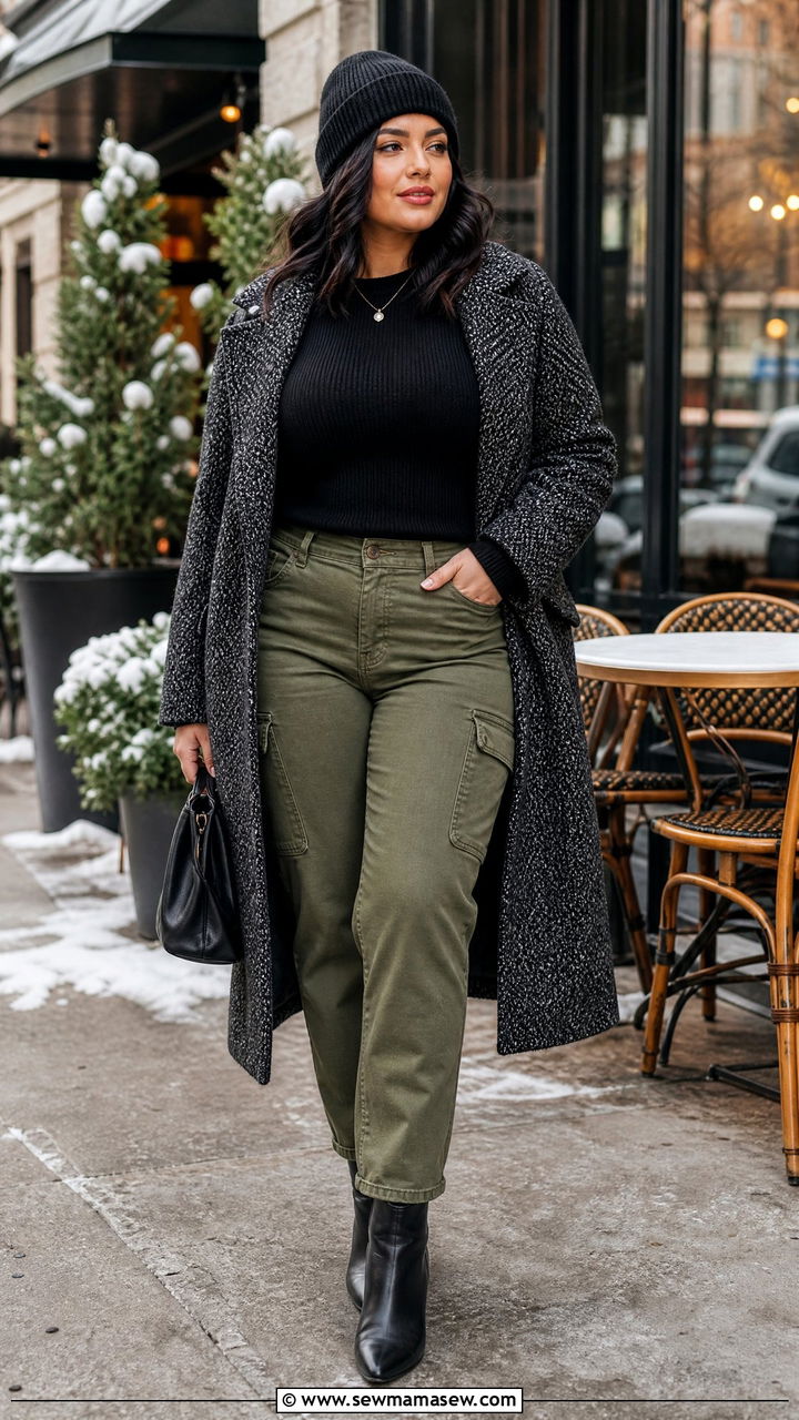 Knit Top and Utility Pants with Long Coat - 30 Plus size brunch outfits