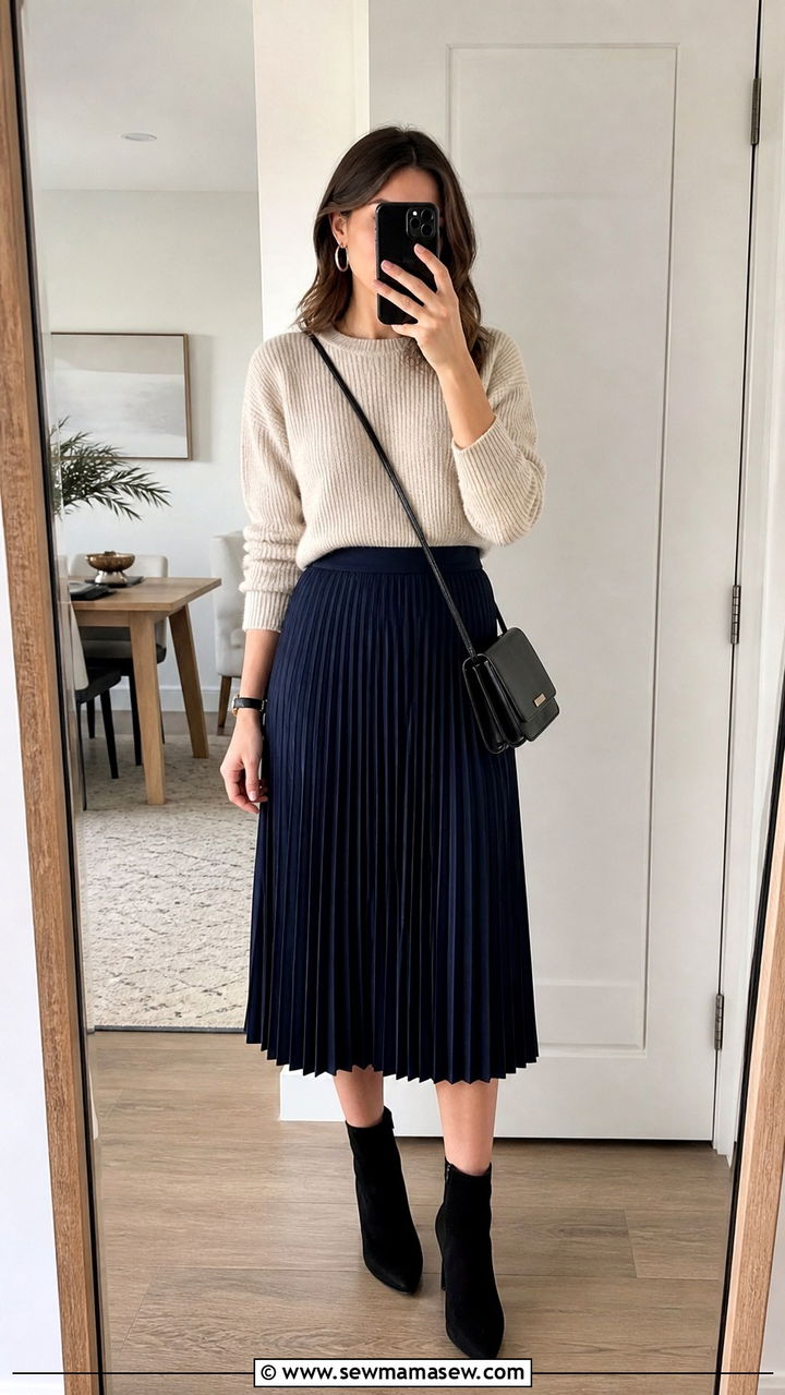 Knit Top with Pleated Midi Skirt and Ankle Boots - 40 classy business casual outfits
