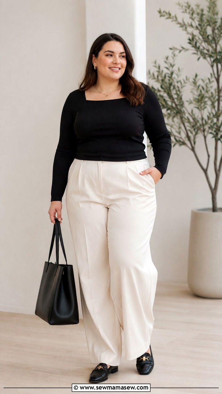 Knit Top with Wide Leg Pants - 30 Office outfit ideas plus size