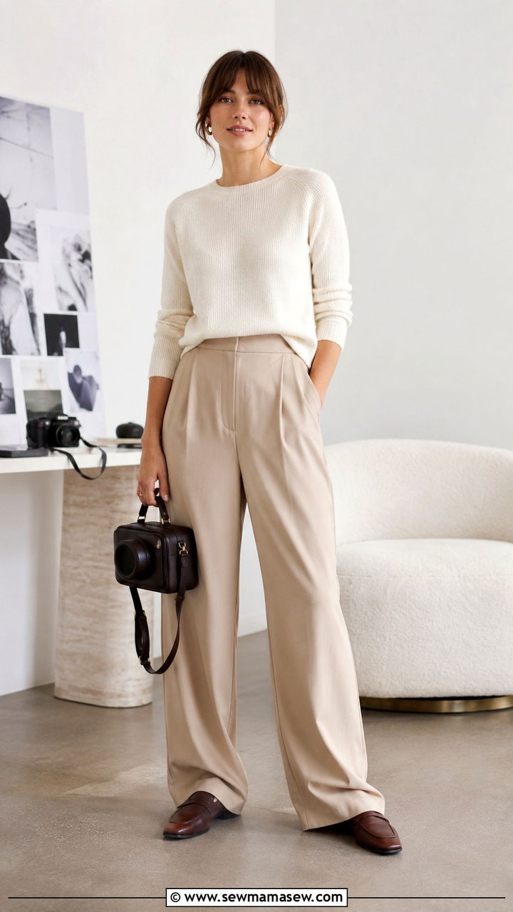Knit Top with Wide Leg Trousers and Loafers Outfit - 25 Videographer outfit ideas