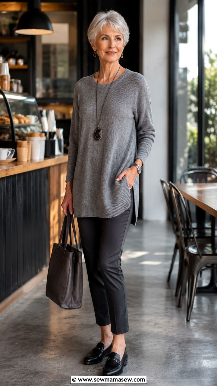 Knit Tunic With Slim Pants and Loafers Outfit - 25 Outfit ideas for women over 60 casual 2026
