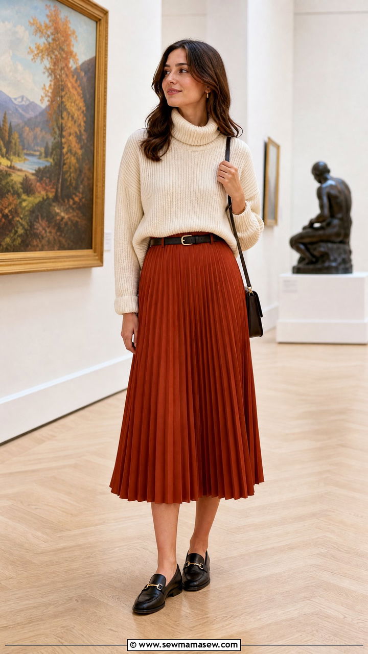 Knit Turtleneck With Pleated Midi Skirt and Loafers - 25 Chicago outfit ideas