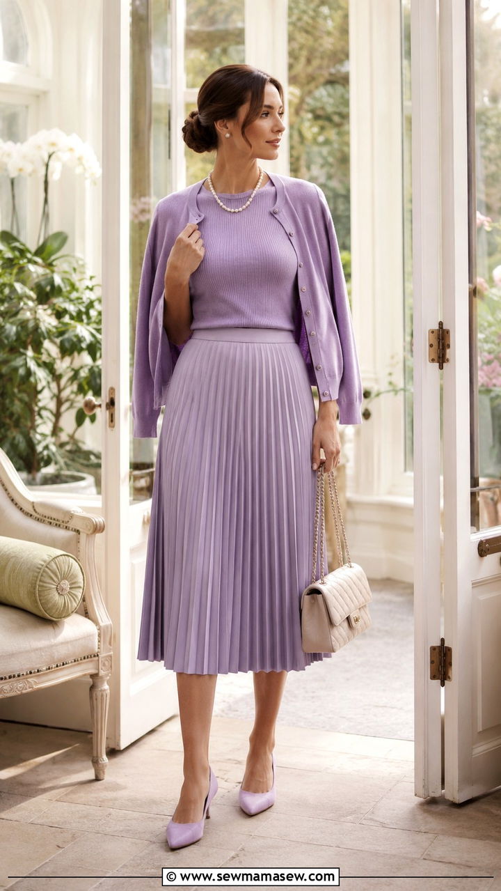 Knit Twin Set With Midi Skirt And Pearls - 30 spring vintage outfit ideas