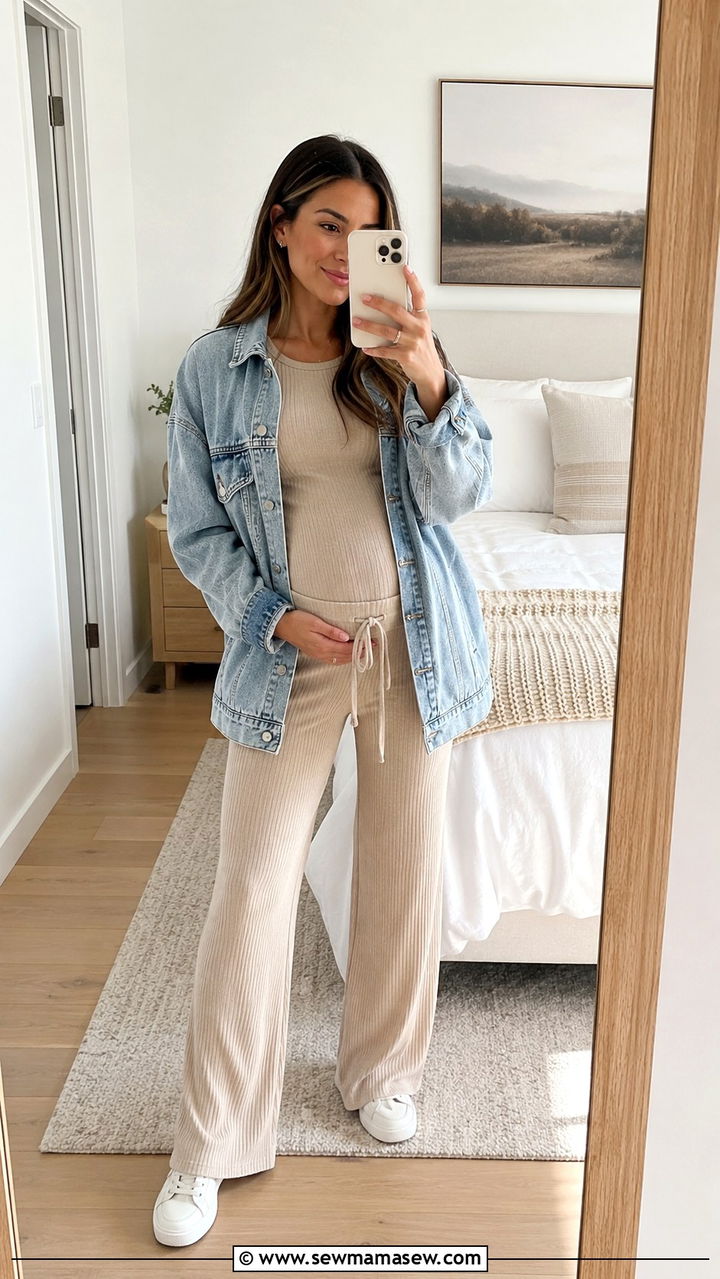 Knit Two Piece Set With Denim Jacket - 20 Maternity outfit ideas first trimester