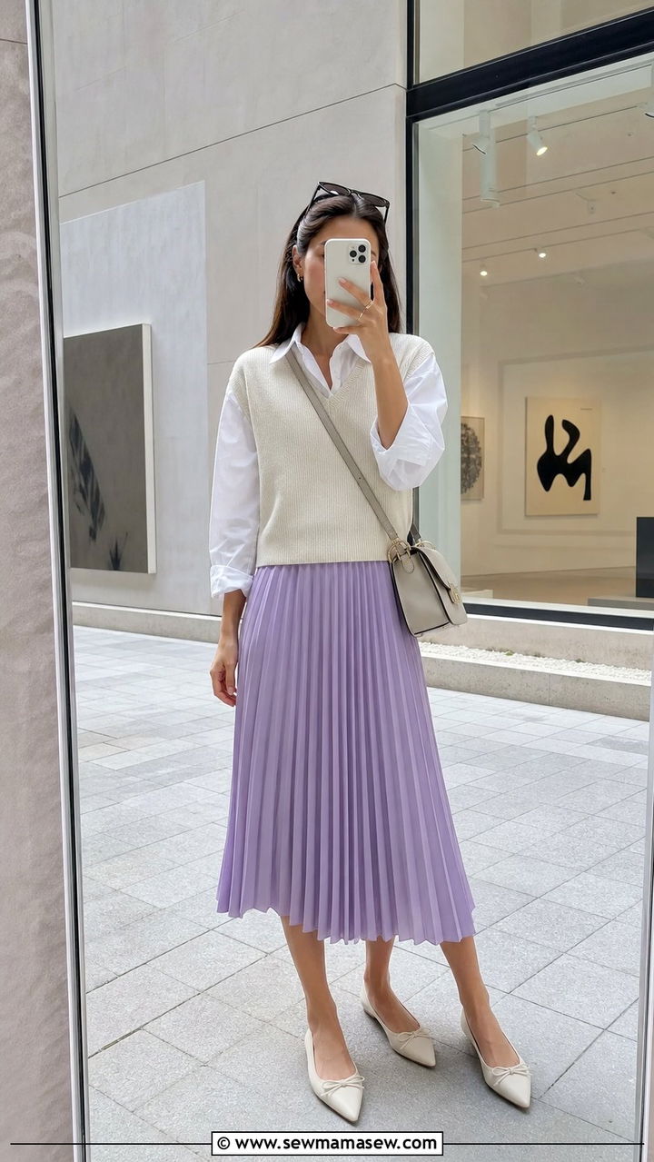 Knit Vest And Pleated Midi Skirt Spring Outfit - 25 Spring shopping outfits