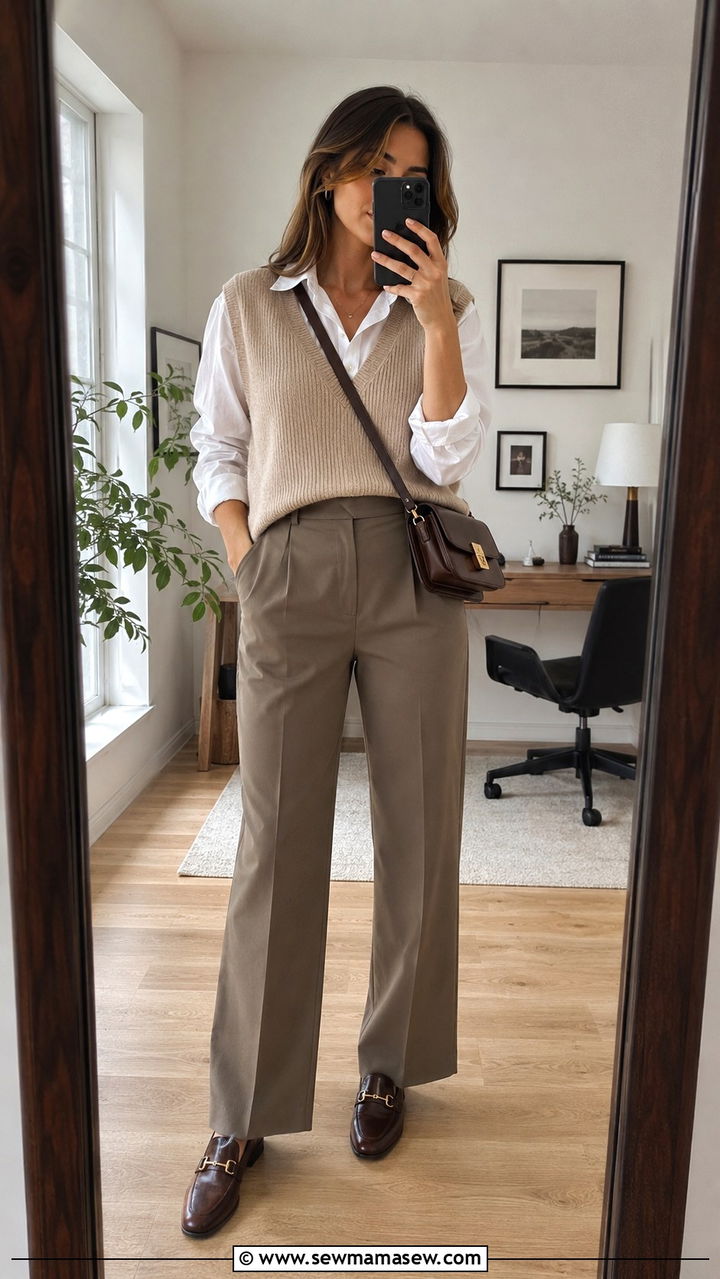Knit Vest And White Button Down Shirt Look - 25 Mid March outfit ideas
