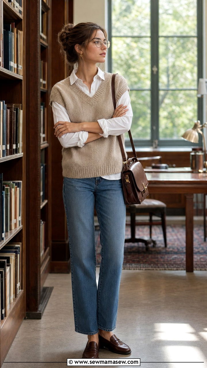 Knit Vest Layered Over White Button Up and Straight Jeans - 35 90s capsule wardrobe outfits