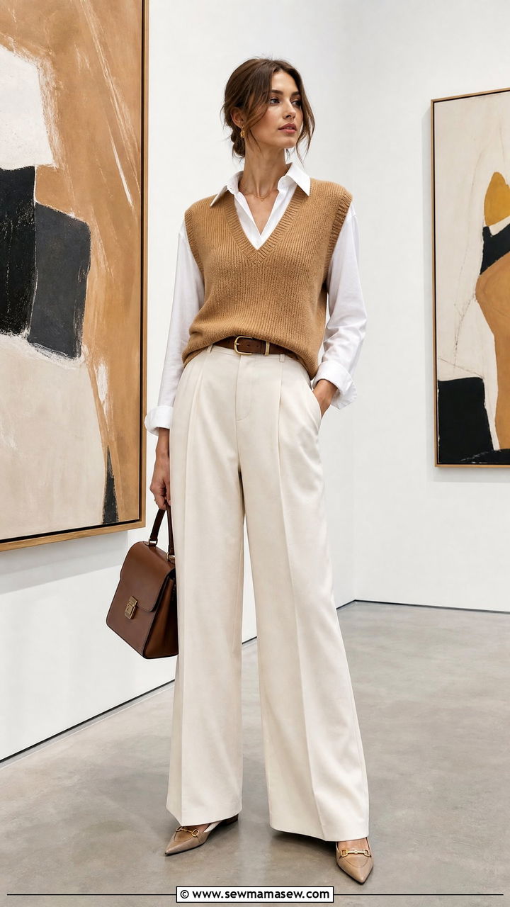 Knit Vest Over A Button Down Shirt With Wide Leg Pants - 30 Outfit ideas for skinny women
