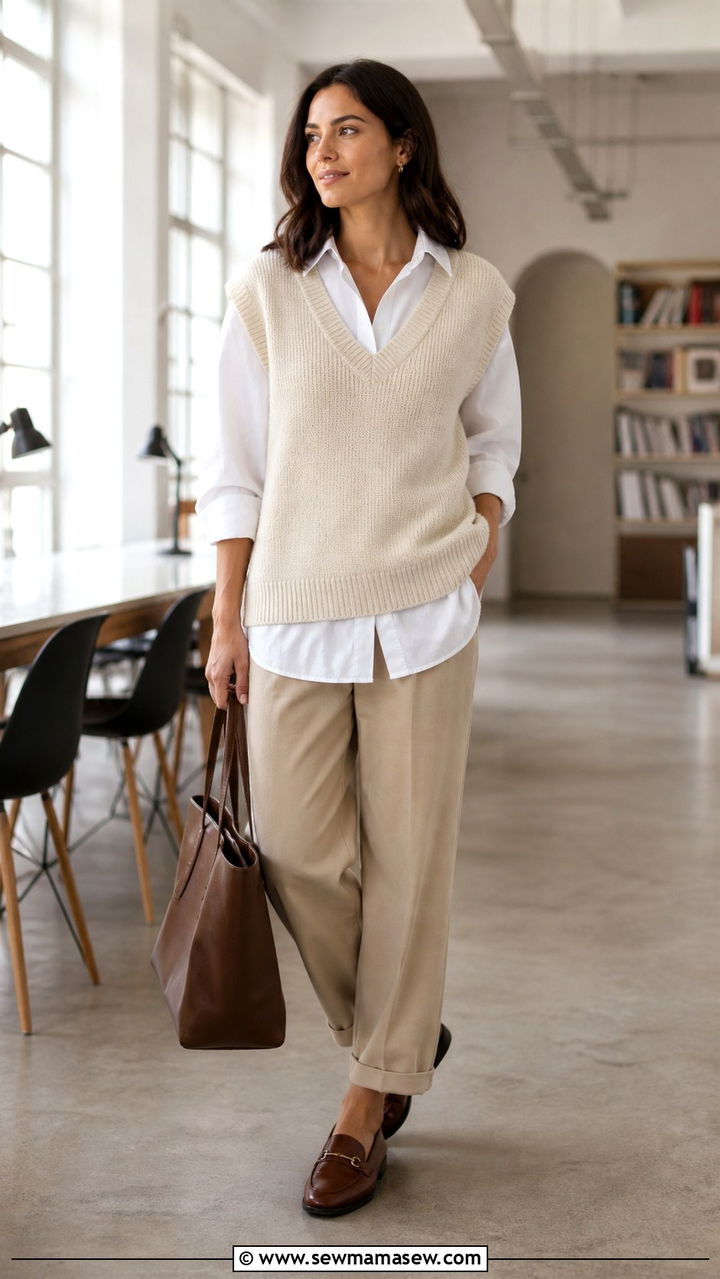 Knit Vest Over A Button Down Shirt - 40 French girl outfit ideas