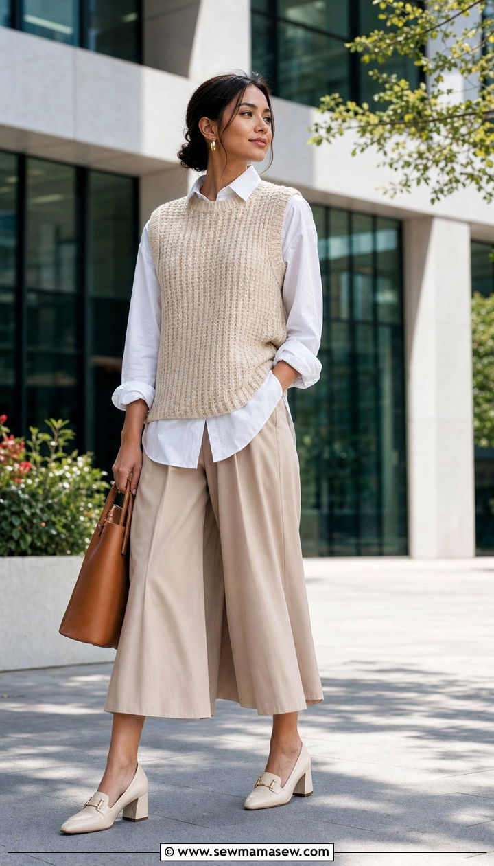 Knit Vest Over A White Poplin Shirt With Culottes - 25 Spring outfits for women in their 30s