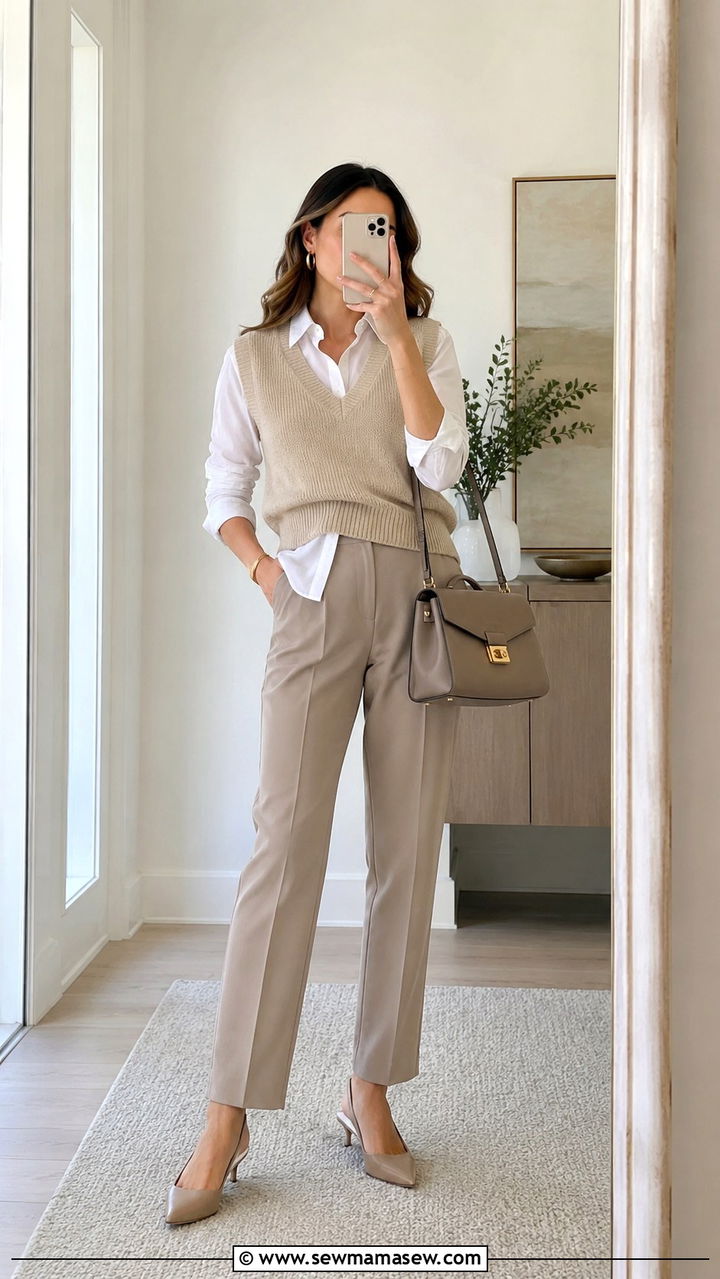 Knit Vest Over Button Up Shirt Outfit - 30 Spring work capsule wardrobe