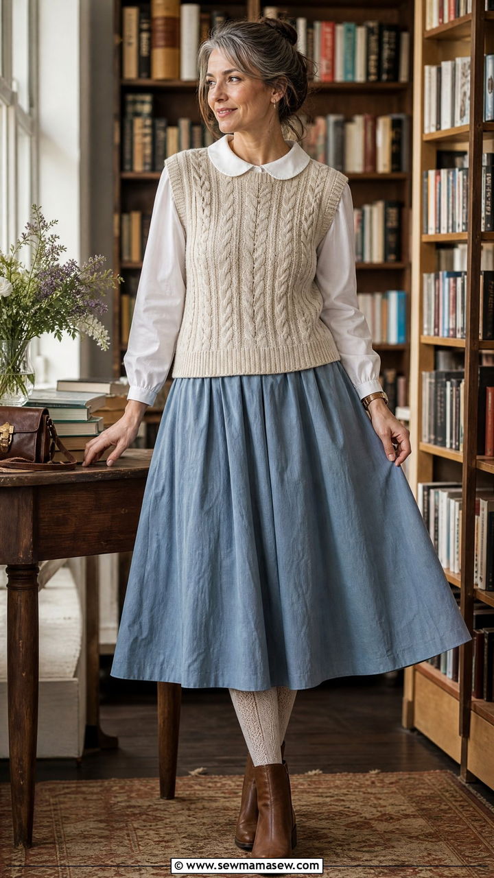 Knit Vest Over Collared Blouse And Midi Skirt - 30 cottagecore outfit ideas for women over 40