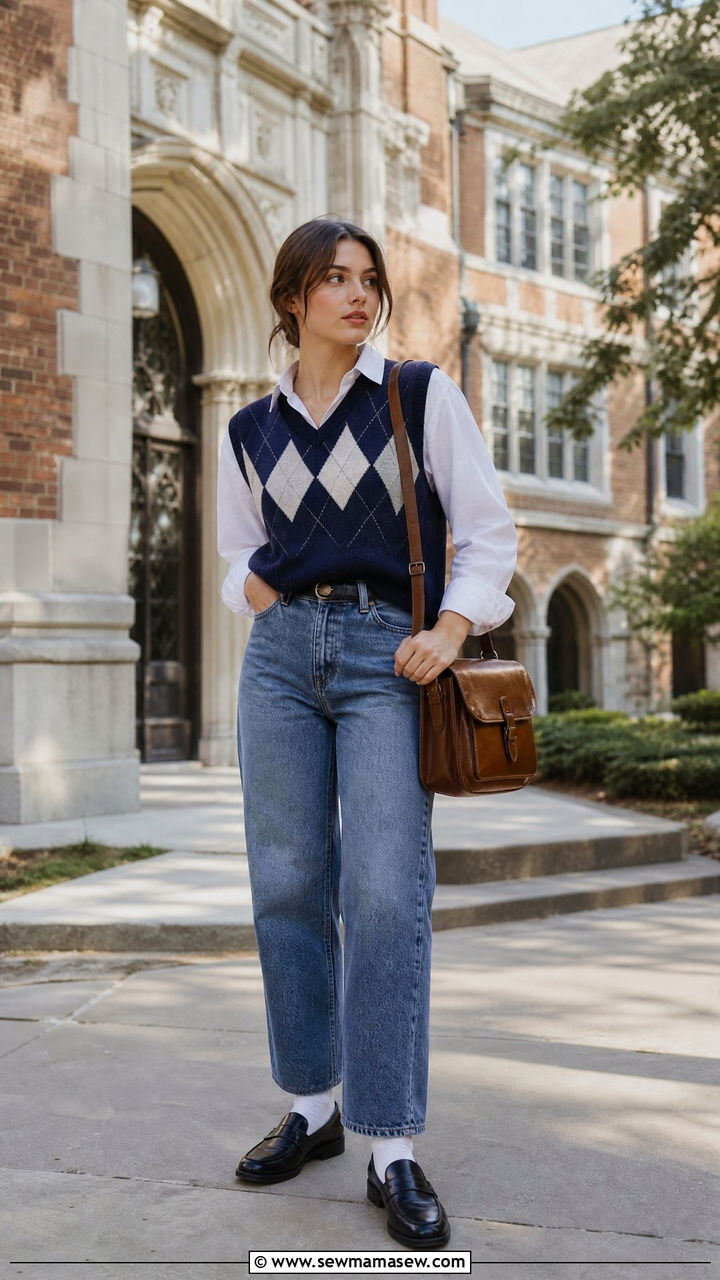 Knit Vest Over Collared Shirt College Outfit - 30 College outfit ideas casual 2026