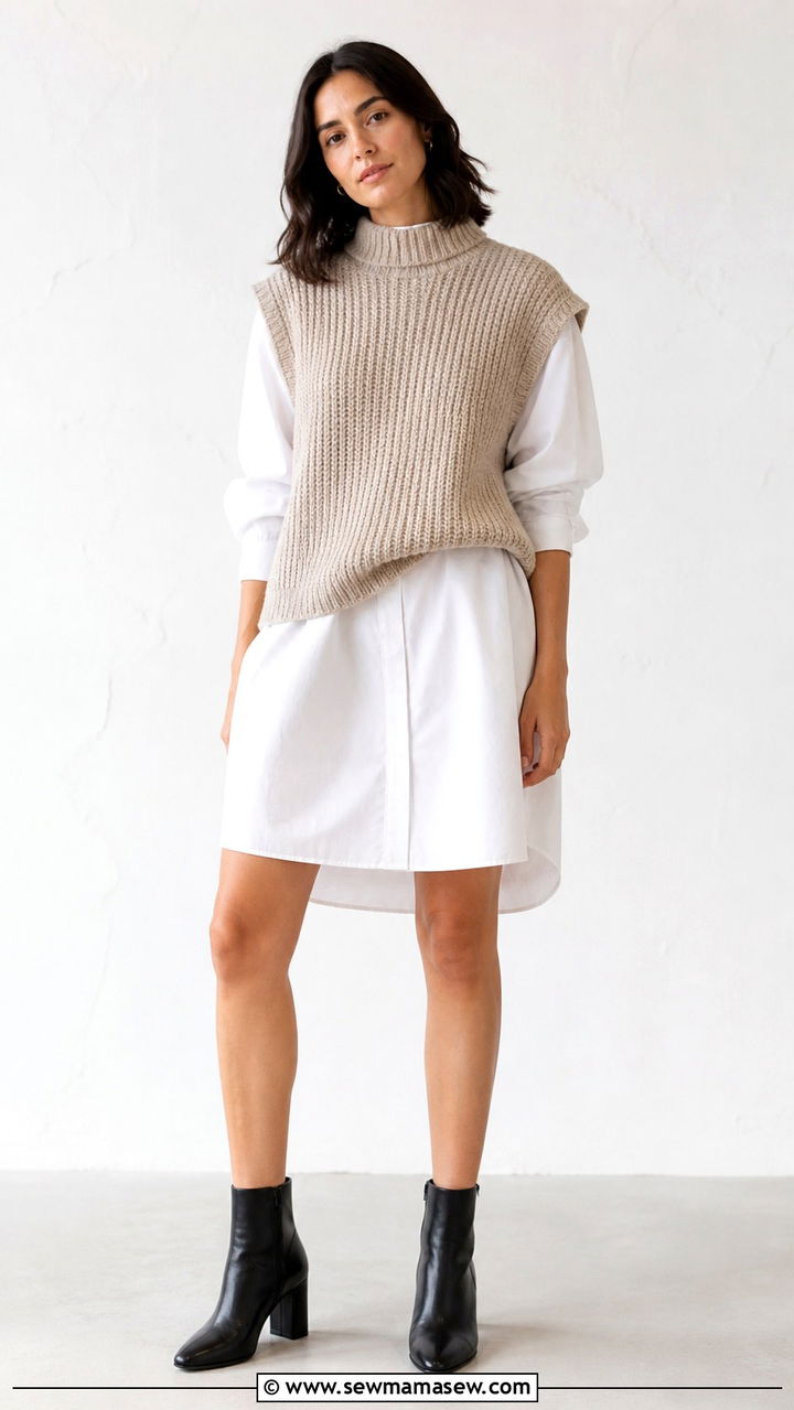 Knit Vest Over a Shirt Dress With Ankle Boots - 40 Korean outfit ideas