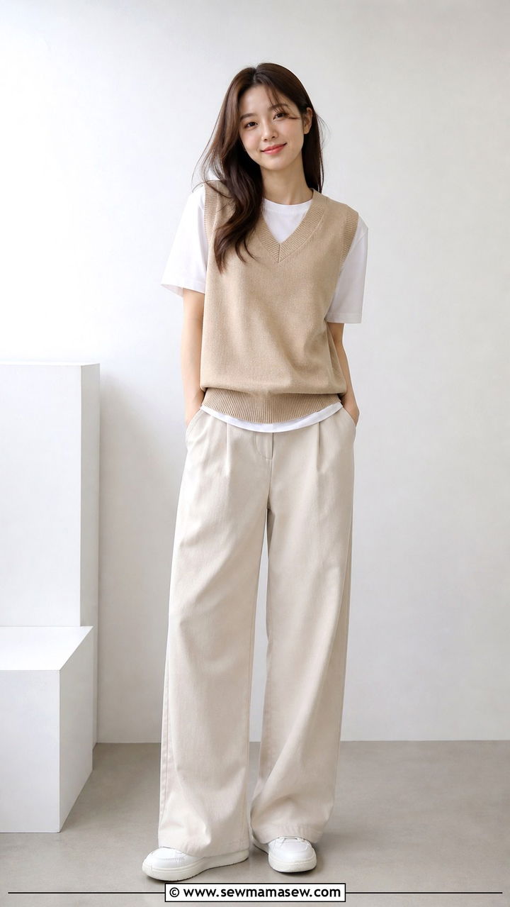 Knit Vest Over a White Tee With Wide Leg Pants and Sneakers - 40 Korean outfit ideas