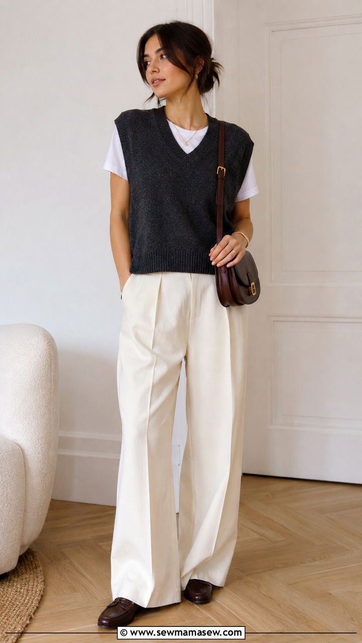 Knit Vest White Tee Cream Trousers - 30 model off duty capsule wardrobe outfits