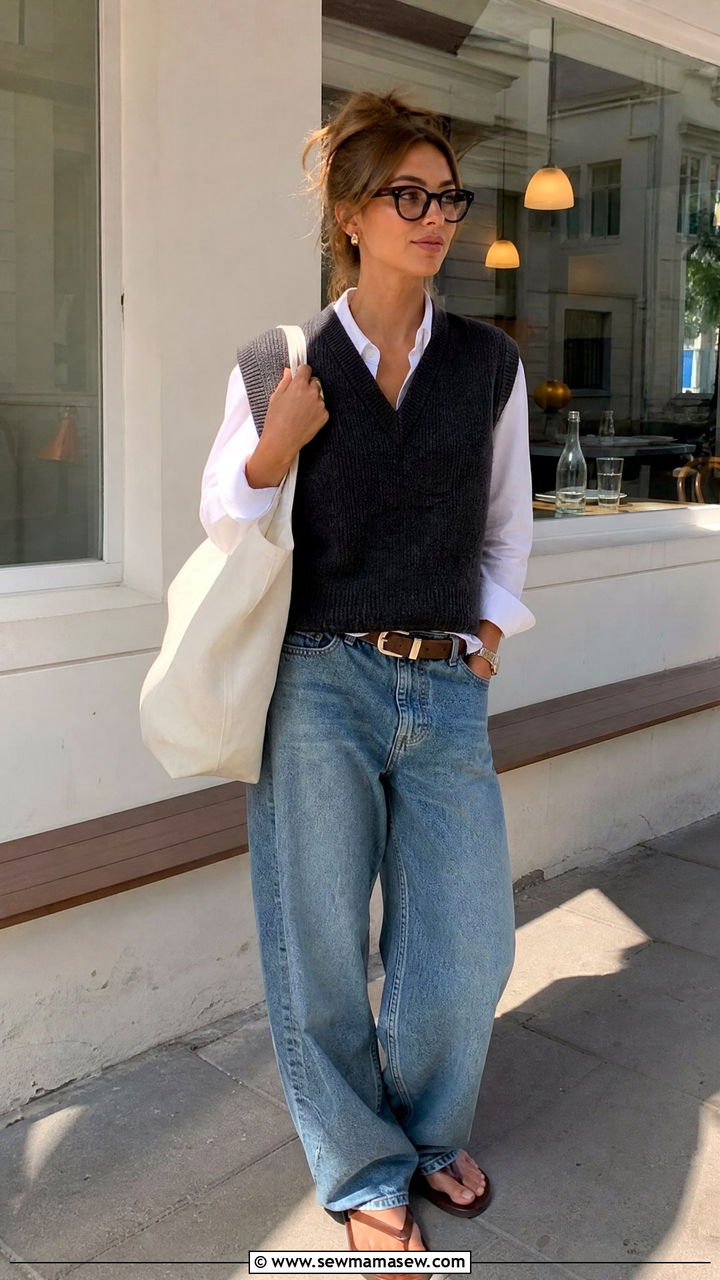 Knit Vest With Baggy Denim Jeans Outfit - 25 classy Copenhagen outfits