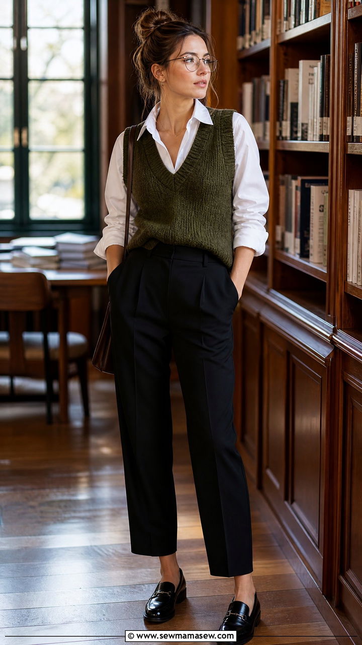 Knit Vest With Button Down Shirt And Trousers Outfit - 30 Dark academia spring outfits