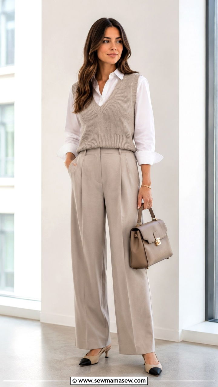Knit Vest and Crisp Button Up Shirt - 30 spring outfits for office women